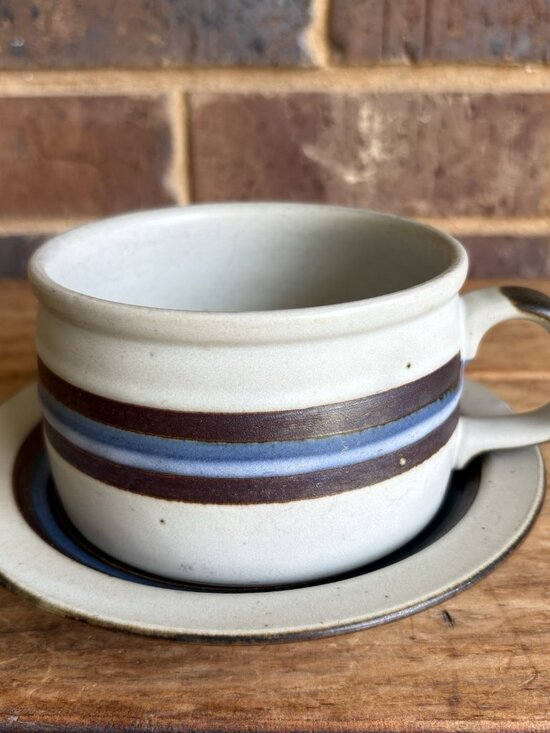 Otagiri HORIZON Speckled Stoneware Soup Mug and Saucer Brown/Blue Bands Japan - Picture 1 of 13